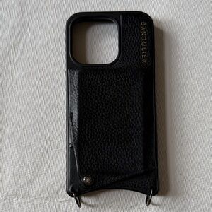BANDOLIER BLACK Leather phone pewter Case iPhone 14 Pro. Attach to strap hanging